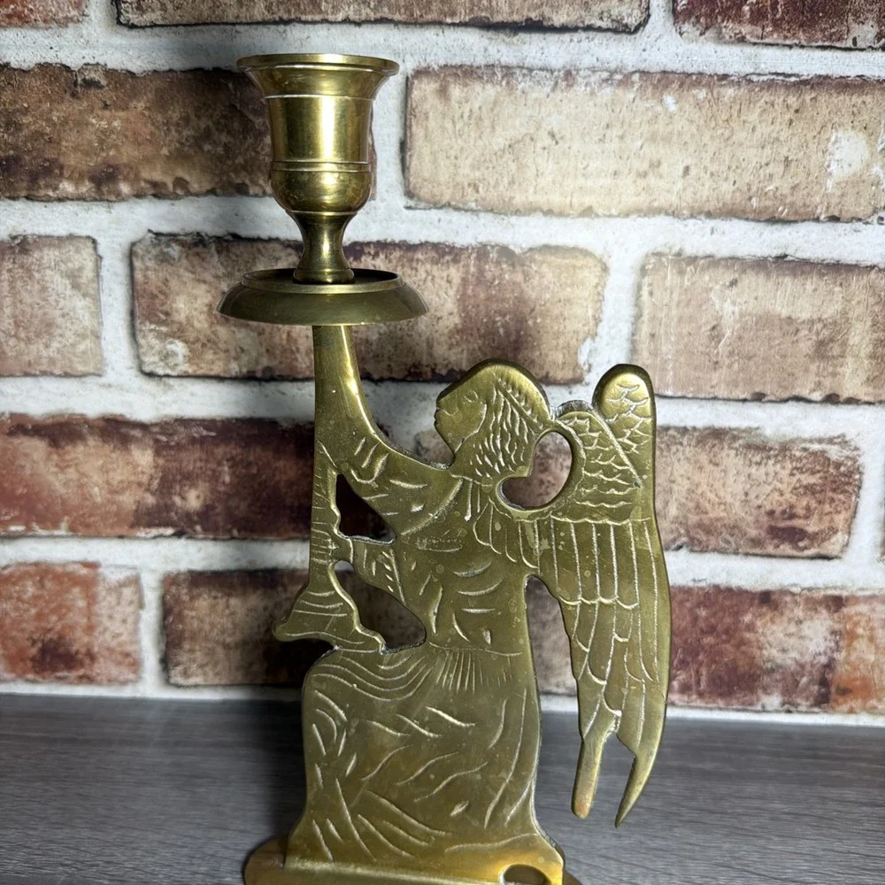 VTG 90s Solid Brass Kneeling Angel Taper Candle Holder Christmas India